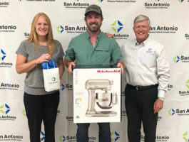 Carrie Carlberg, VP & San Antonio Area Manager & Tim Baldwin, President presenting Seth Raper with his prize of a Kitchenaide Stand Mixer. Congrats to Seth on winning our 2019 Debit Card Contest!
