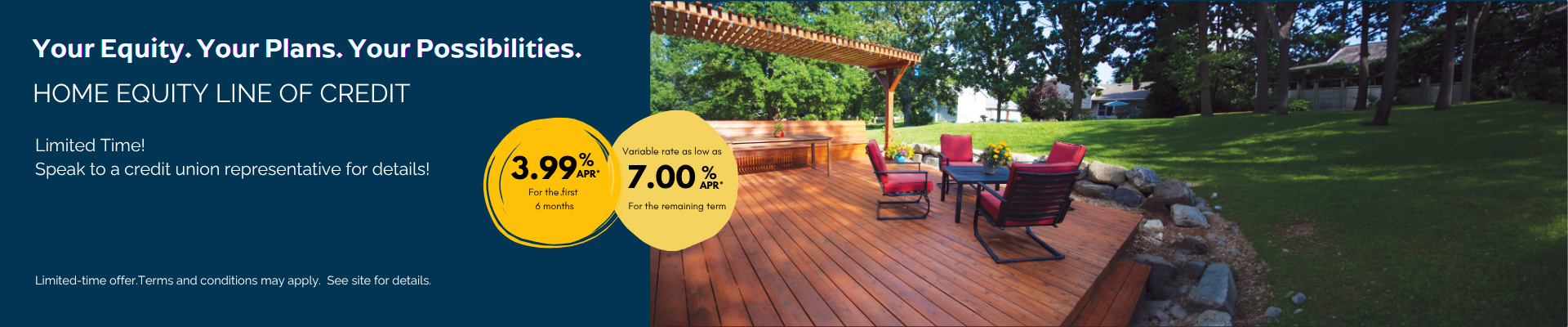 Limited time (6 months) 3.99% Annual Percentage Rate HELOC; variable rate as low as 7.00% APR remaining term. Conditions apply.