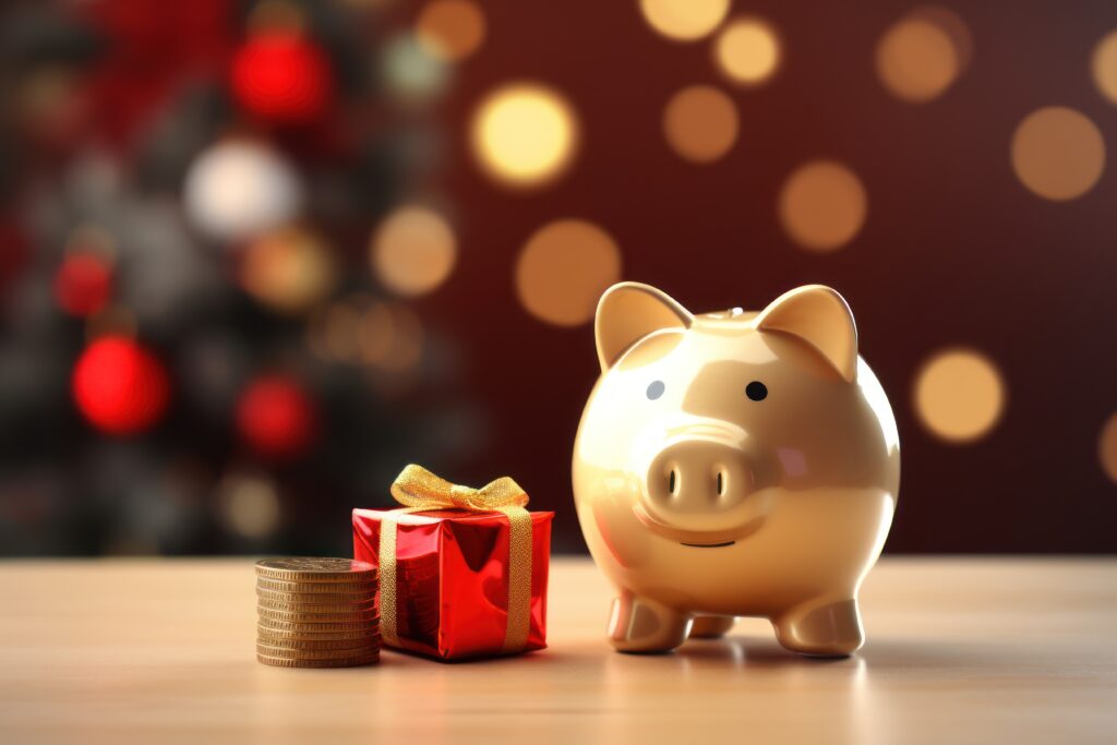 Piggy bank and a stack of coins next to a prettily wrapped Christmas present