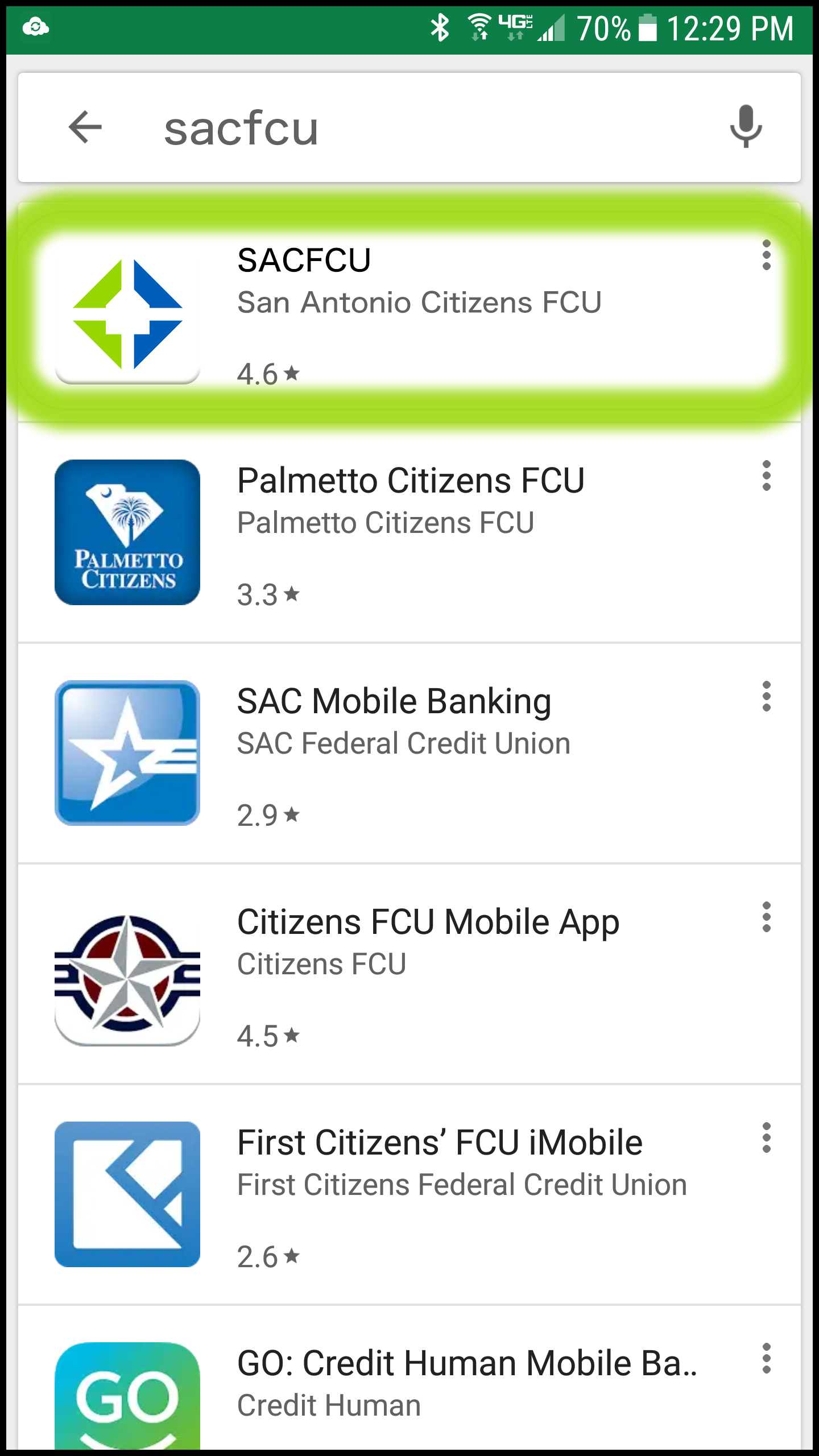 Android Phone Screen searching "SACFCU" in the Google Play Store.