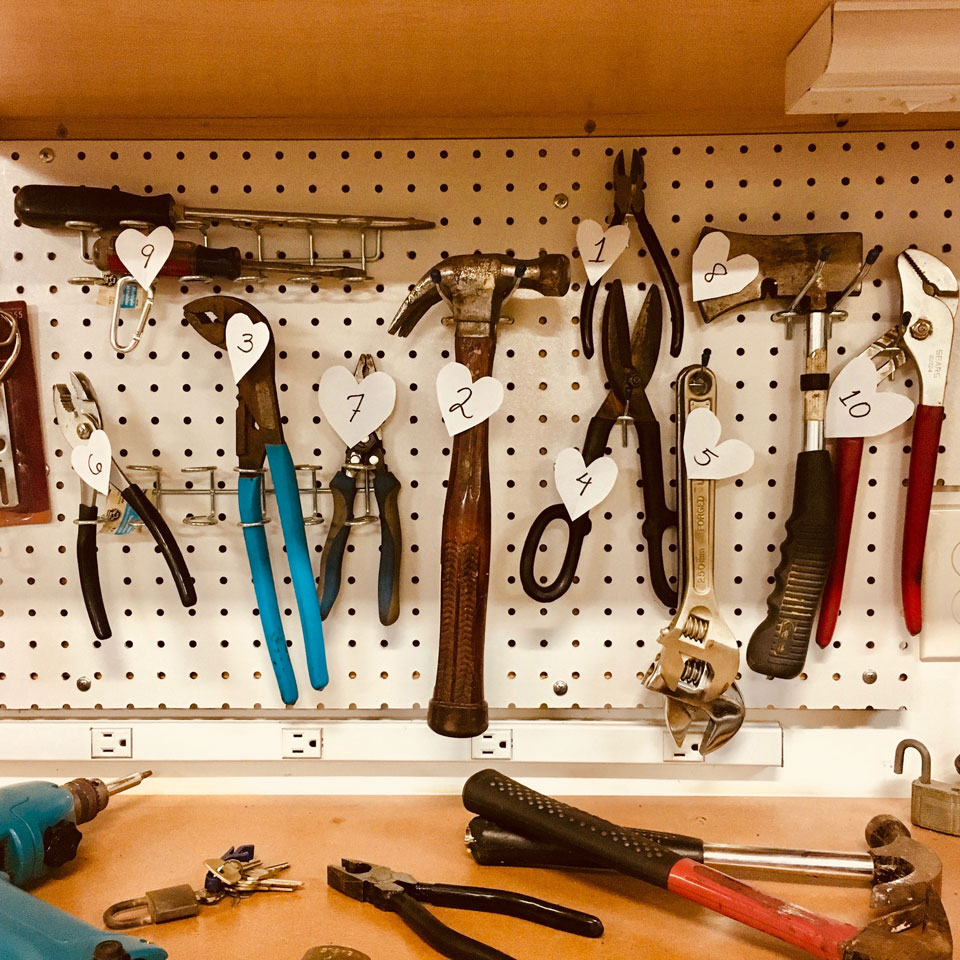 Tools hung on a work bench