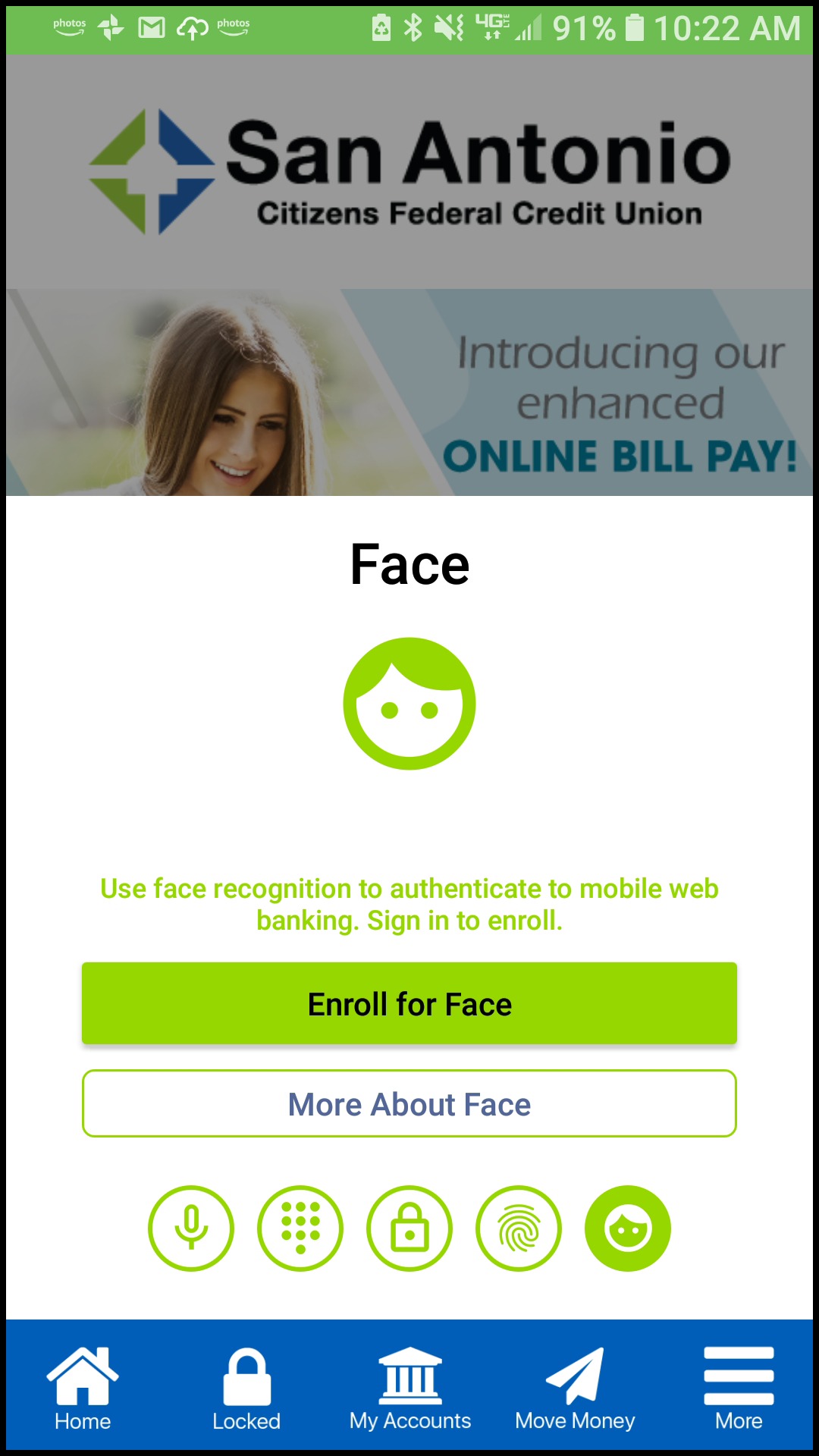 Screen Shot showing the different ways to login to the new SACFCU App