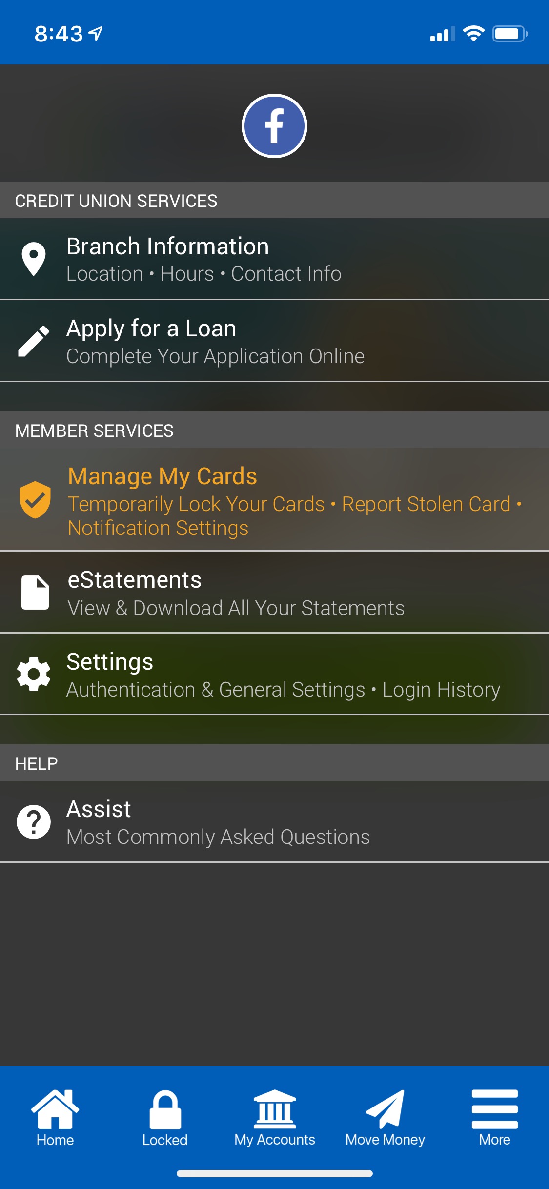 Image of the Manage My Card feature on the SACFCU Mobile App 