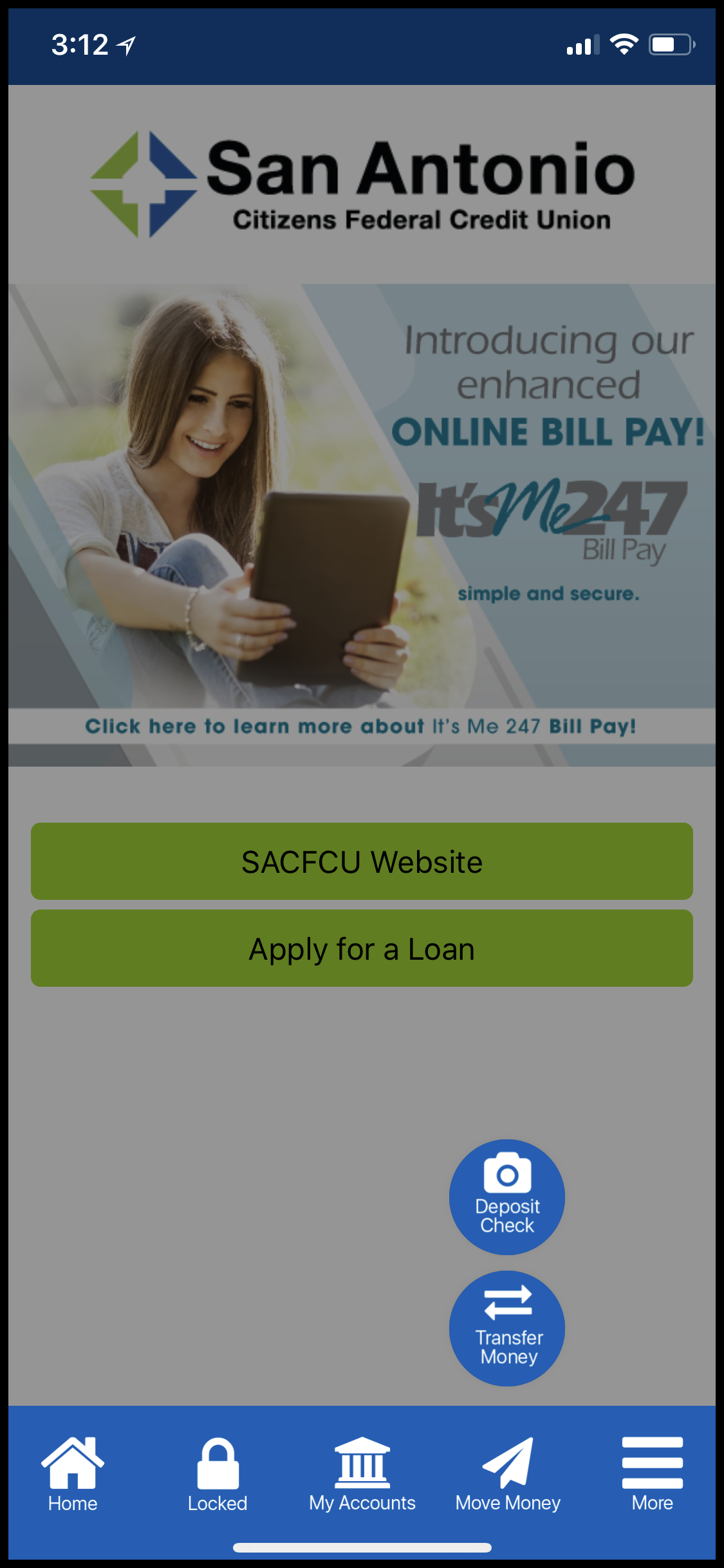 "Move Money" button at the bottom of SACFCU's new app