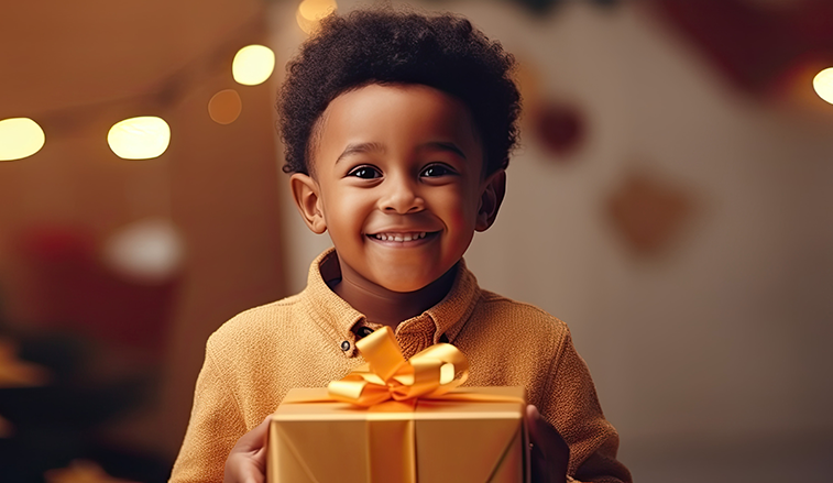 Smiling child with a gift in his hands